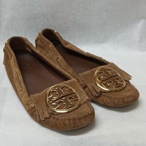 Tory Burch SNYDER Natural Suede Fringe MOCCASIN DRIVING FLATS Size 9.5 euc 6620
